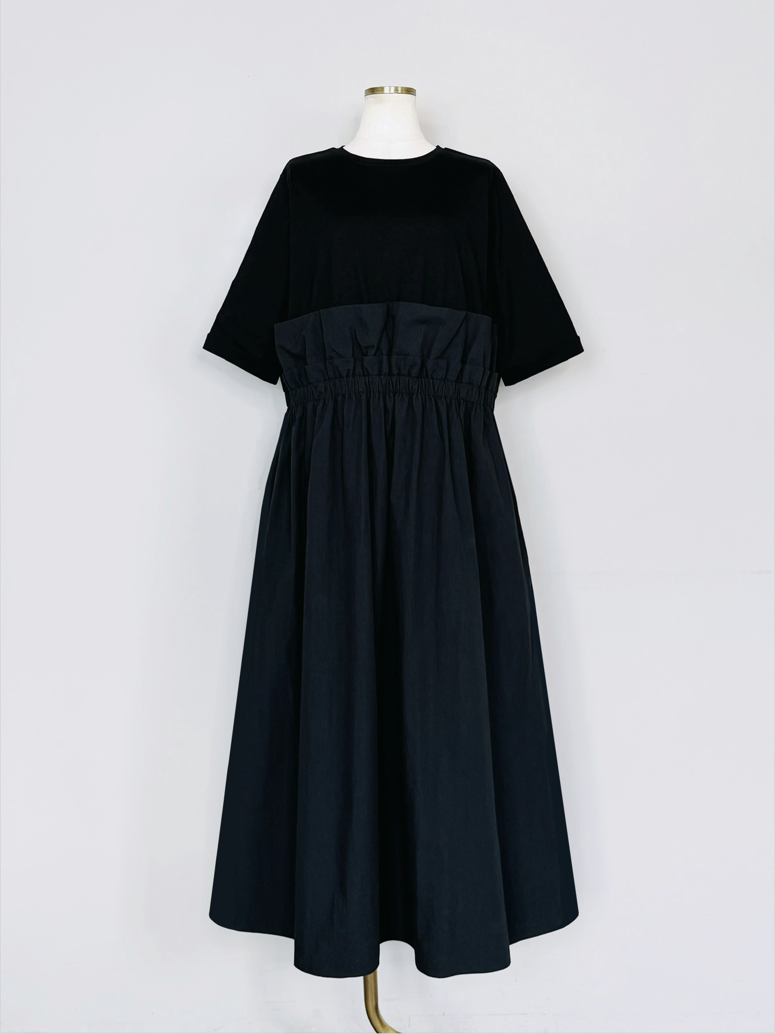 SHES(シーズ)    異素材切り替えウエストギャザーワンピース